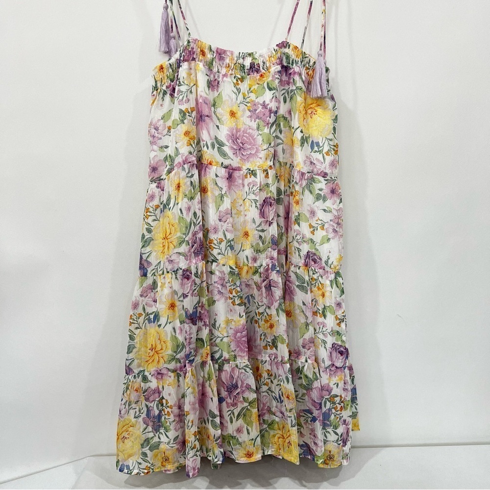 Floral Tassel Tie Mini Dress Multicolored Sheer Lined Tiered Shimmery - Picture 4 of 14